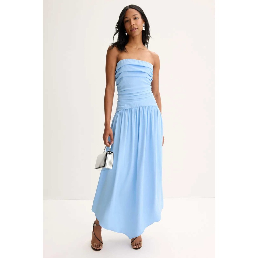 Jewel Badgley Mischka Strapless Drop Waist Dress Ruched Gown Light Blue Sz US 8